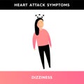 Vector illustration of a girl who is dizzy. The person has symptoms of a heart attack. Loss of coordination, unsteadiness.