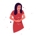 Vector illustration of a girl who is experiencing pain in her stomach. The girl has abdominal cramps, which makes her feel bad.
