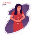 vector illustration of a girl who is experiencing pain in her stomach. The girl has a stomach ache. Symptoms of poisoning,