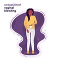 Vector illustration of a girl who is frightened by unexplained vaginal bleeding. Hormonal imbalance, unrecognized