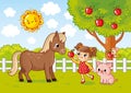 Vector illustration with a girl who gives a horse an apple