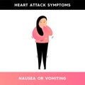 Vector illustration of a girl who holds her belly with one hand and covers her mouth with the other hand. A person has symptoms of