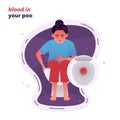 Vector illustration of a girl who sits on the toilet, holding her hand to her stomach. Blood in poo. Symptoms of