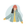 Vector illustration of a girl in a winter sintepon jacket and a knitted hat. Winter clothin