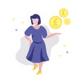 Vector illustration of girl or woman showing pound coins.