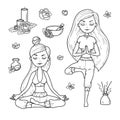 Vector illustration of girl yoga ayurveda aromatherapy doodle style hand drawing.
