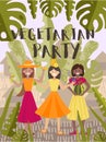 Vector illustration with girls and fruits. Poster or greeting card. Three multinational girls dancing in a cartoon style Royalty Free Stock Photo