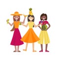 Vector illustration with girls and fruits.Three multinational girls dancing in a cartoon style. For the design of eco festivals,