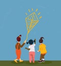 Vector illustration of girls hold kite. Yellow kite flying in the sky. Creative children. Diverse nation girls playing