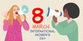 Vector illustration of girls talking by megaphone and congratulating on international women`s day Royalty Free Stock Photo