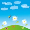 Vector illustration, glade, flowers and butterfly