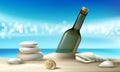 Vector illustration of a glass bottle with a message lying on a sandy beach with seashells and pebbles. Royalty Free Stock Photo