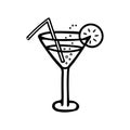 Vector illustration of a glass with a cocktail, bubbles and a slice of lemon, a straw. Icon. Royalty Free Stock Photo