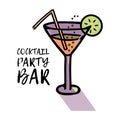 Vector illustration of a glass with a cocktail, bubbles and a slice of lemon, a straw. Icon. Phrase Cocktail party bar. Royalty Free Stock Photo