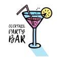 Vector illustration of a glass with a cocktail, bubbles and a slice of lemon, a straw. Icon. Phrase Cocktail party bar. Royalty Free Stock Photo