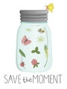 Vector illustration of glass jar with insects and flowers inside