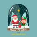 Vector illustration of a glass snow globe with Santa Claus, a bag of gifts and a little elf in a hat Royalty Free Stock Photo