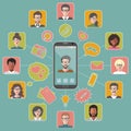 Vector illustration of global communication and social network with different people flat app icons. Royalty Free Stock Photo