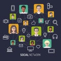 Vector illustration of global communication and social network with different people flat app icons. Royalty Free Stock Photo