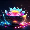 Vector illustration of a glowing lotus flower in a bowl with candles. AI generated