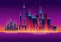 Vector illustration of glowing Moscow city neon skyline reflecting in the river at night. Royalty Free Stock Photo