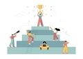 Vector illustration. Goal. Victory. Achievement of the goal. Little people move up the career steps.