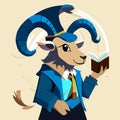 Vector illustration of a goat in a blue suit reading a book. AI Generated