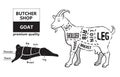Vector illustration goat cuts diagram or chart. Goat black silhouette