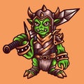 Vector illustration of Goblin Knight with Sword, Blade, Armor on the Colors background. Hand-drawn illustration for mascot sport Royalty Free Stock Photo