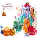 God Krishna playing flute with Radha on Happy Janmashtami festival background of India