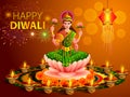 Goddess Lakshmi with decorated diya for Happy Dhanteras Diwali festival holiday celebration of India greeting background