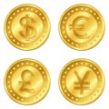 Vector illustration of gold coins with 4 major currencies. Dollar, Euro, Pound sterling, Yuan or Yen. Editable Royalty Free Stock Photo