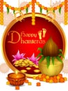 Gold Kalash with decorated diya for Happy Dhanteras Diwali festival holiday celebration of India greeting background