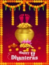 Gold Kalash with decorated diya for Happy Dhanteras Diwali festival holiday celebration of India greeting background