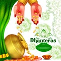 Gold Kalash with decorated diya for Happy Dhanteras Diwali festival holiday celebration of India greeting background