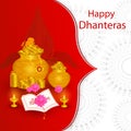 Gold Kalash with decorated diya for Happy Dhanteras Diwali festival holiday celebration of India greeting background