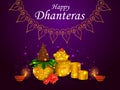 Gold Kalash with decorated diya for Happy Dhanteras Diwali festival holiday celebration of India greeting background Royalty Free Stock Photo