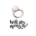 Vector illustration. Gold ring with pearl and lettering Will you