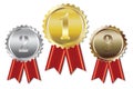 Vector illustration of gold silver bronze medals. First, second and third place awards. Prizes with ribbons Royalty Free Stock Photo