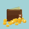 Vector illustration golden coins with wallet. Coins coins lying stack. Saving money concept. Isolated Royalty Free Stock Photo