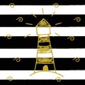Vector illustration of the golden light house on the background with black stripes. Hand drawn vector art.