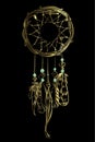 Vector illustration with golden luxury dream catcher with feathers and jewels on a black background. Ornate ethnic items, feathers Royalty Free Stock Photo