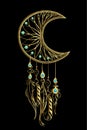 Vector illustration with golden luxury dream catcher with feathers and jewels on a black background. Ornate ethnic items, feathers Royalty Free Stock Photo