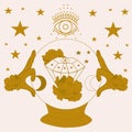 Vector illustration with golden magic globe, hands and celestials Royalty Free Stock Photo