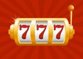 Vector illustration of golden slot machine wins the jackpot. on red background. Jackpot in game, winner. Royalty Free Stock Photo