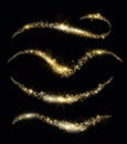 Vector illustration of golden sparkles, sparkling confetti waves, golden sand, glittering star dust trail. Golden fairy
