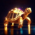 Vector illustration of a golden turtle in neon light. 3d rendering AI generated