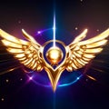 Vector illustration of a golden winged figure with a sphere in the center. AI generated