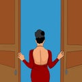 Of a gorgeous girl in a red dress opens the door