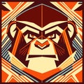 Vector illustration of a gorilla head in a geometric style on the background of colored stripes Generative AI